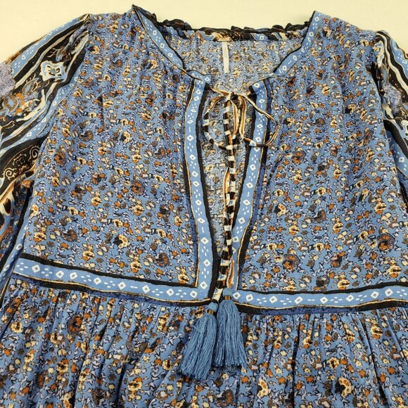 Free People Happy Feelings Maxi Dress Womens Large Blue Boho Peasant Long Sleeve - Picture 9 of 15